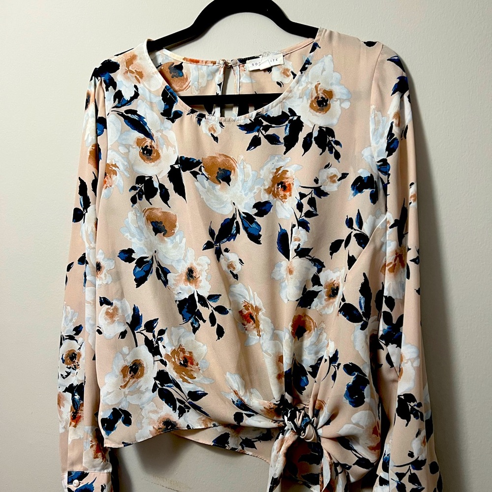 Pink floral blouse with tie